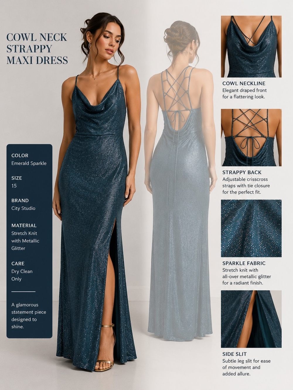 City Studio Emerald Sparkle Cowl Neck Strappy Maxi Dress. New With Tags. Size 15